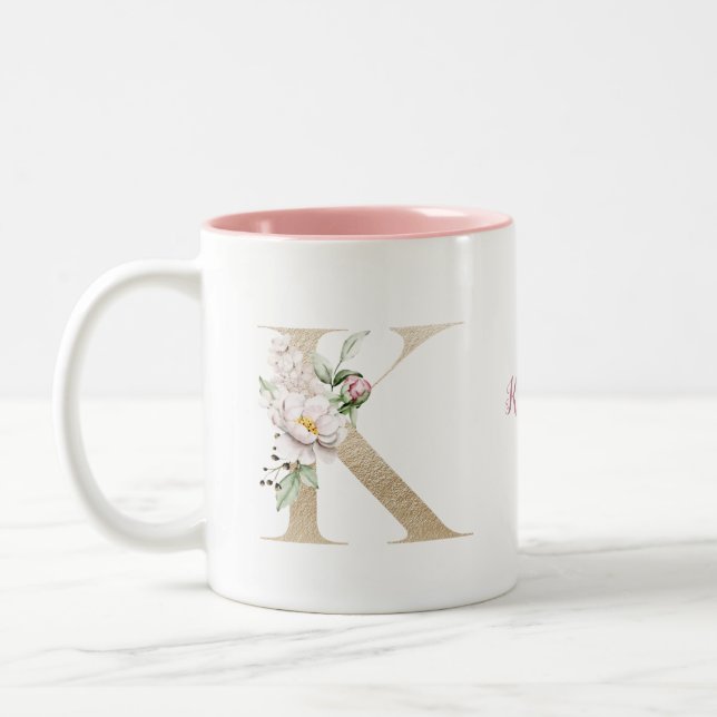 Personalized Monogram Gold Letter K Pink Floral  Two-Tone Coffee Mug (Left)
