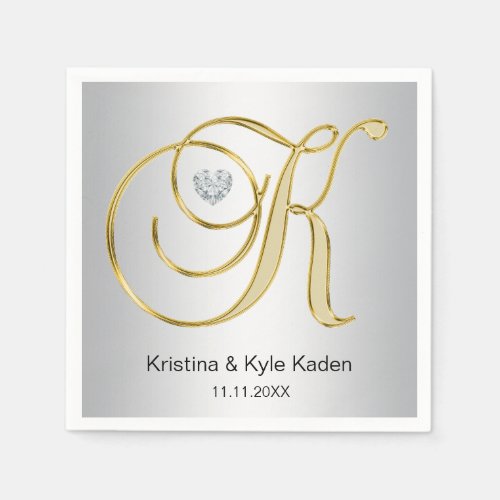 Personalized Monogram Gold Letter K Silver Wedding Napkins