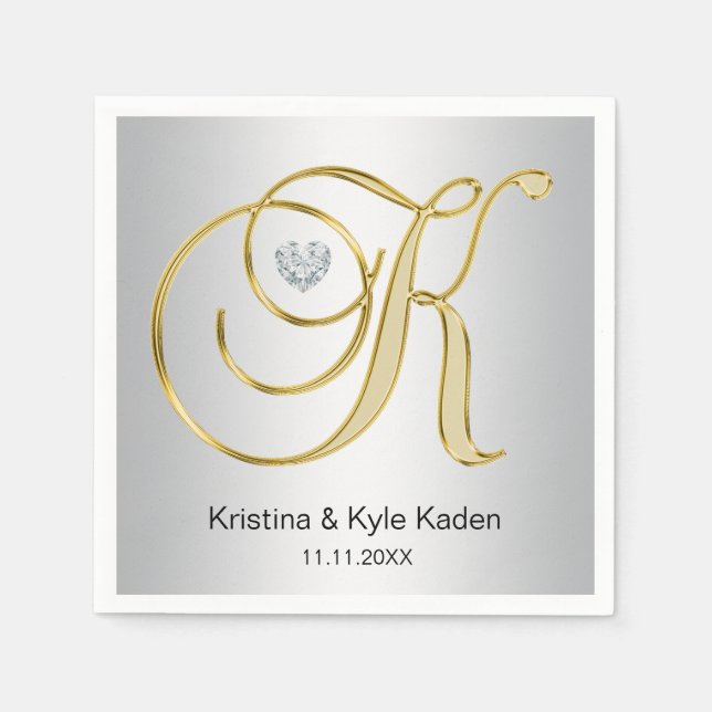 Personalized Monogram Gold Letter K Silver Wedding Napkins (Front)