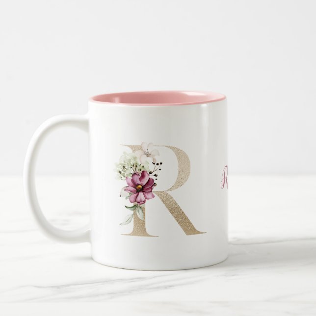 Personalized Monogram Gold Letter R Pink Floral  Two-Tone Coffee Mug (Left)