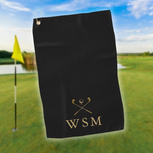 Personalized Monogram Golf Clubs Black And Gold Golf Towel
