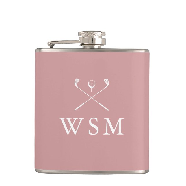 Personalized Monogram Golf Clubs Dusty Rose Pink Flask (Front)