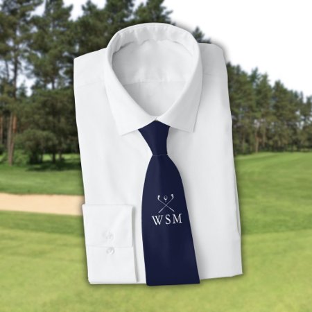 Personalized Monogram Golf Clubs Navy Blue Golf Neck Tie