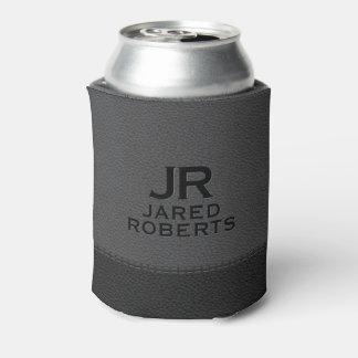Personalized Monogram Gray & Black Leather Can Cooler