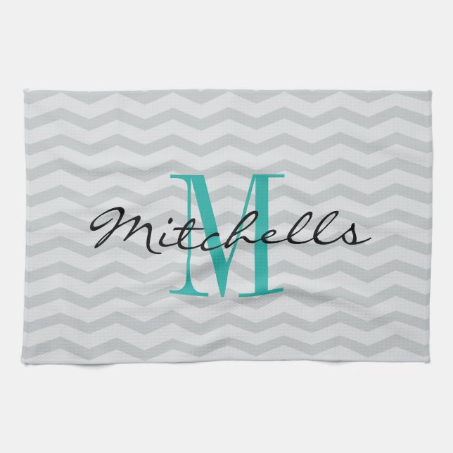 Personalized monogram gray chevron kitchen towels (Horizontal)