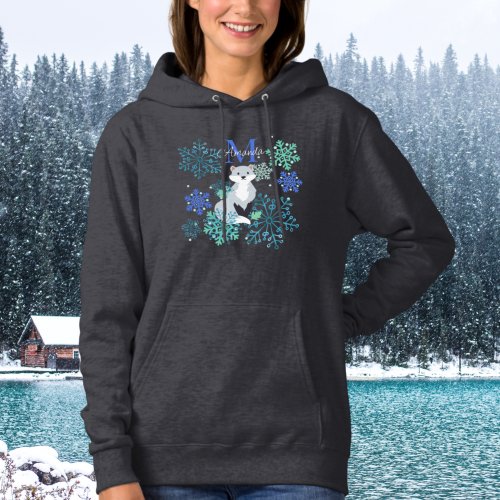 Personalized Monogram Gray Fox blue snowflakes Hoodie