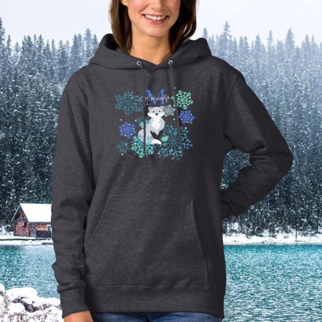 Personalized Monogram Gray Fox blue snowflakes Hoodie (Creator Uploaded)