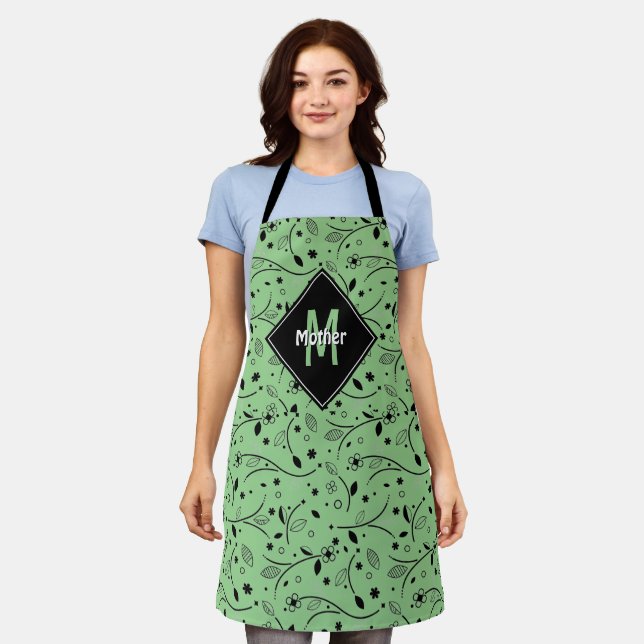 Personalized | Monogram | Green | Floral | MOTHER Apron (Worn)
