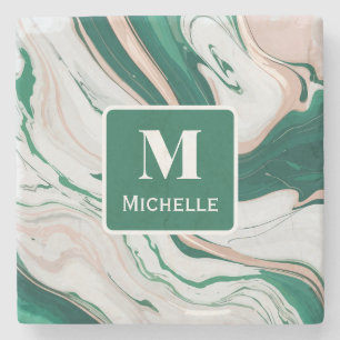 Personalized Monogram Green & Gold Marble Stone Coaster