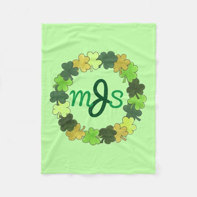 Personalized Monogram Green Irish Shamrock Wreath Fleece Blanket (Front)
