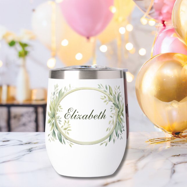 Personalized Monogram Greenery Bridesmaid Gift Thermal Wine Tumbler (Greenery Botanical Eucalyptus Monogrammed Personalized Bridesmaid gift wine tumbler)