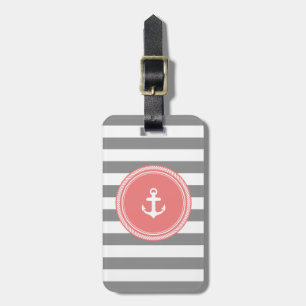 Personalized Monogram Grey and Coral Nautical Luggage Tag