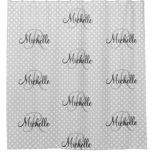 Personalized monogram grey polkadot shower curtain