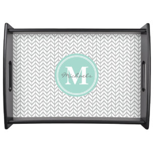 Personalized Monogram Grey & Seafoam Geometric Serving Tray