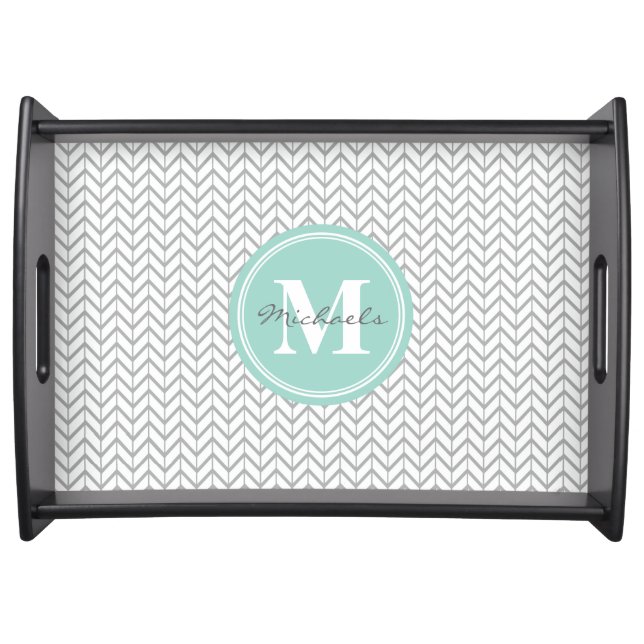 Personalized Monogram Grey & Seafoam Geometric Serving Tray (Front)