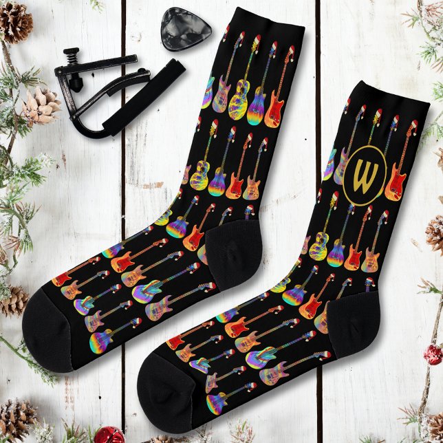 Personalized Monogram Guitar Christmas Socks (Personalized monogram Christmas Guitars wearing Santa hats illustration on black holidays socks)