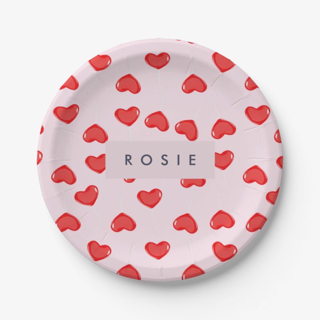 Personalized Monogram Heart Lolipop Valentines Paper Plates (Front)