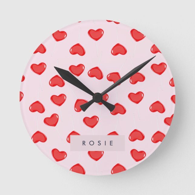 Personalized Monogram Heart Lolipop Valentines Round Clock (Front)
