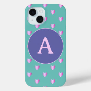 Personalized Monogram Heart Pattern Lilac Teal iPhone 15 Case