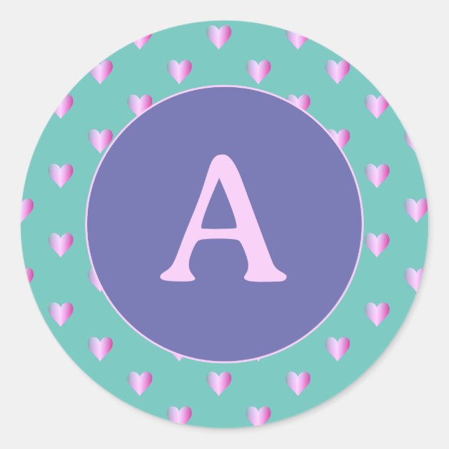 Personalized Monogram Heart Pattern Lilac Teal Classic Round Sticker (Front)