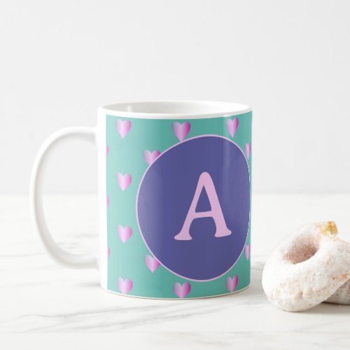 Personalized Monogram Hearts Lilac Teal Coffee Mug