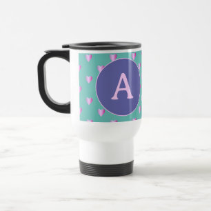 Personalized Monogram Hearts Lilac Teal Travel Mug