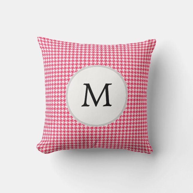 Personalized Monogram Houndstooth Pink and White Throw Pillow (Front)