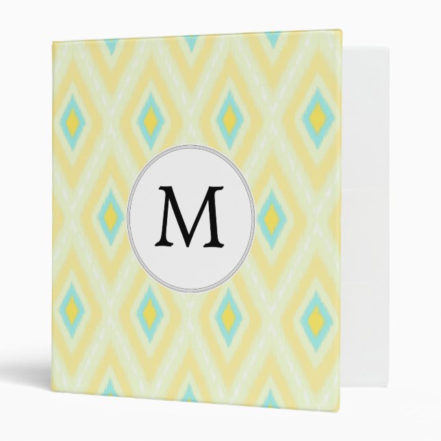 personalized monogram in Ikat yellow and aqua 3 Ring Binder (Front/Inside)