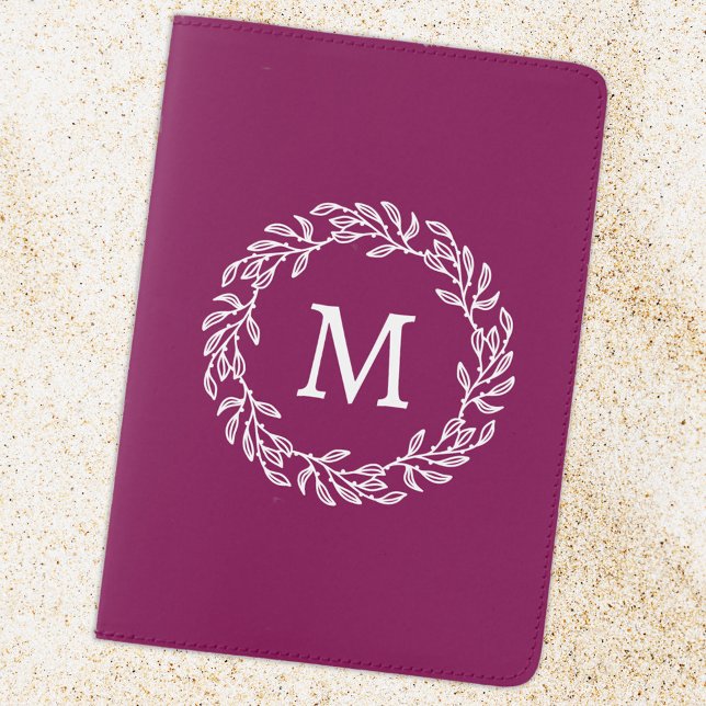 Personalized Monogram Initial Botanical Leaf Pink Passport Holder (Modern monogram initial personalized botanical leaf wreath classical passport holder cover)