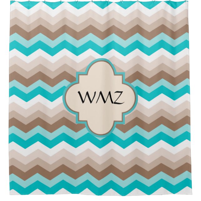 Personalized Monogram Initial Chevron Turquoise Shower Curtain (Front)