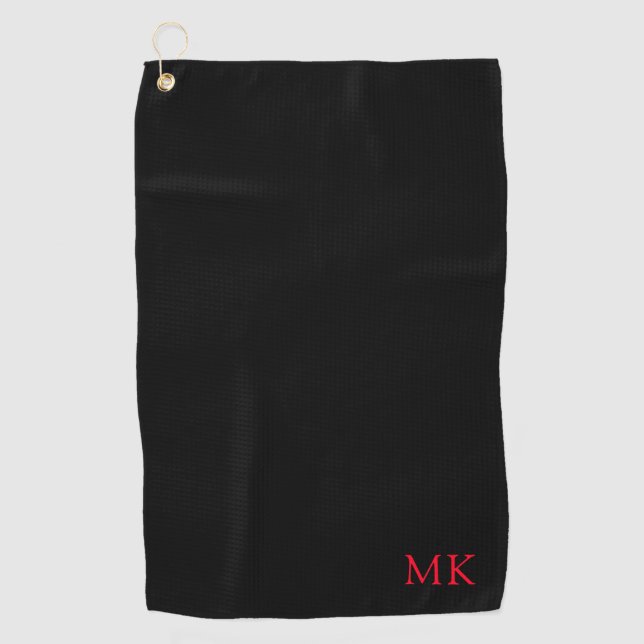 Personalized Monogram Initial Modern Black Red Golf Towel (Front)
