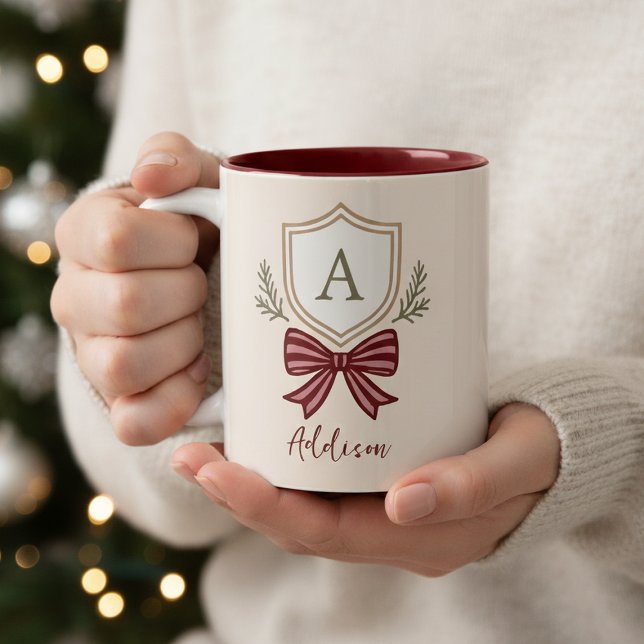 Personalized Monogram Initial Name Bow Christmas Two-Tone Coffee Mug (Creator Uploaded)