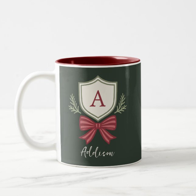 Personalized Monogram Initial Name Bow Christmas Two-Tone Coffee Mug (Left)