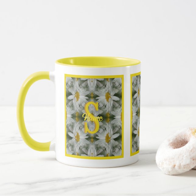 Personalized Monogram Initial Name Daisy Art Mug (With Donut)