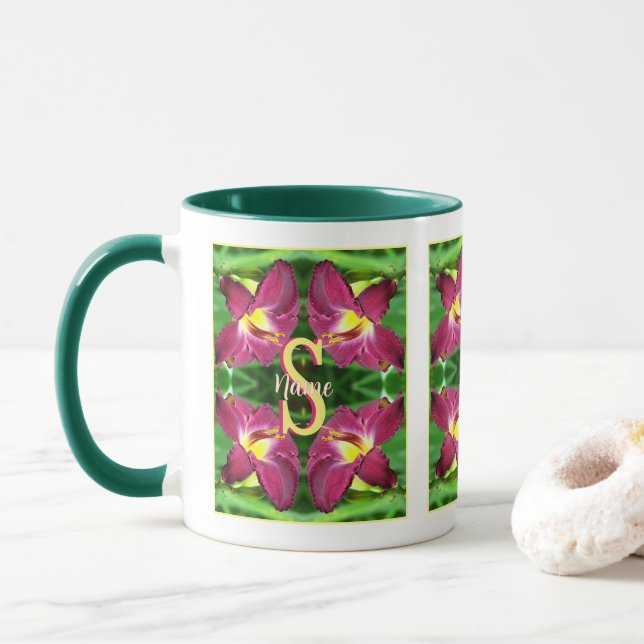 Personalized Monogram Initial Name Daylily Art Mug (With Donut)