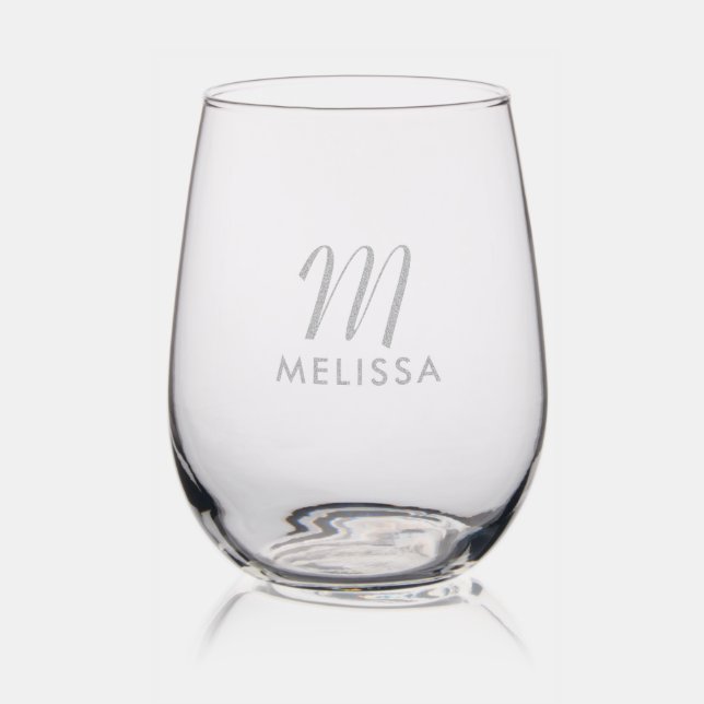 Personalized Monogram Initial & Name Script Modern Stemless Wine Glass (Glassware)
