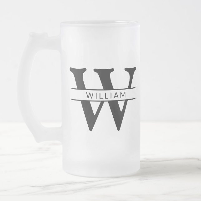 personalized monogram initial & name simple frosted glass beer mug (Left)