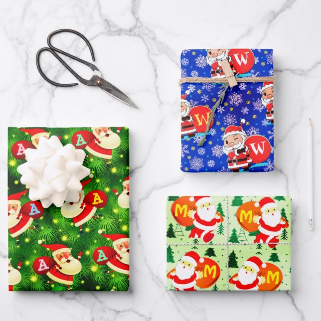 Personalized Monogram Initial on Santa Claus Bag Wrapping Paper Sheets (Front)