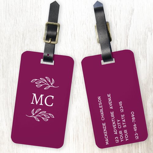 Personalized Monogram Initials Botanical Leaf Luggage Tag