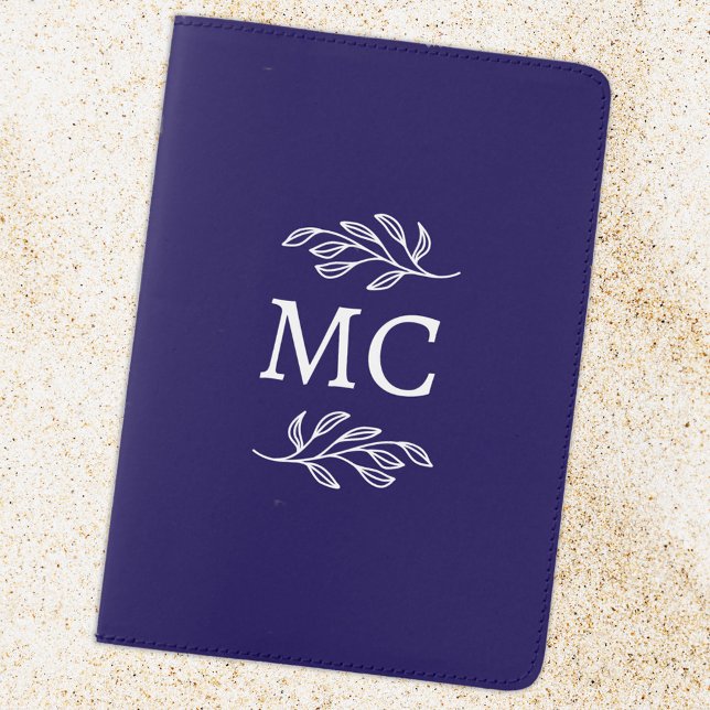 Personalized Monogram Initials Botanical Leaf Passport Holder (Modern monogram initials personalized botanical leaf line art classic passport holder cover blue)