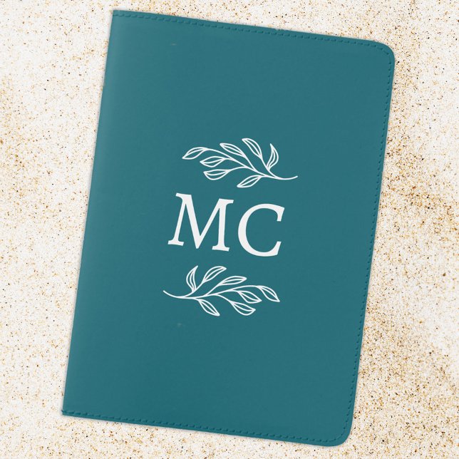 Personalized Monogram Initials Leaf Teal Green Passport Holder (Modern monogram initials personalized botanical leaf line art classic passport holder cover teal)