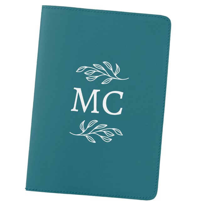 Personalized Monogram Initials Leaf Teal Green Passport Holder (Modern monogram initials personalized botanical leaf line art classic passport holder cover teal)