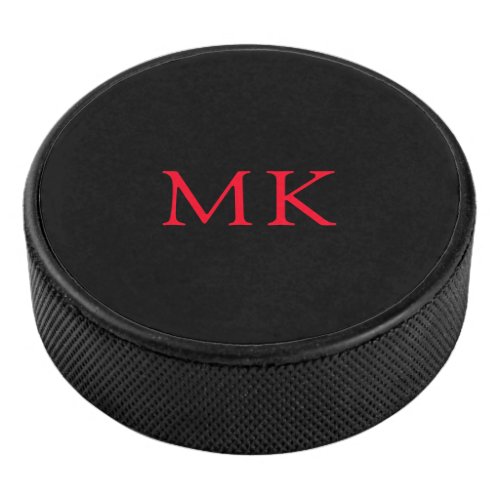 Personalized Monogram Initials Modern Black Red Hockey Puck