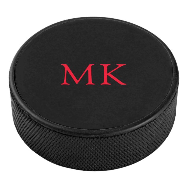 Personalized Monogram Initials Modern Black Red Hockey Puck (3/4)
