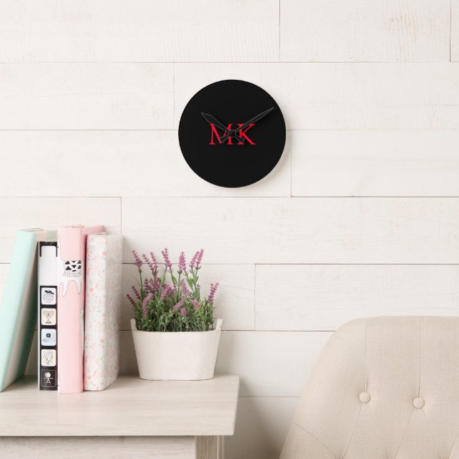 Personalized Monogram Initials Modern Black Red Round Clock (Reading Room)