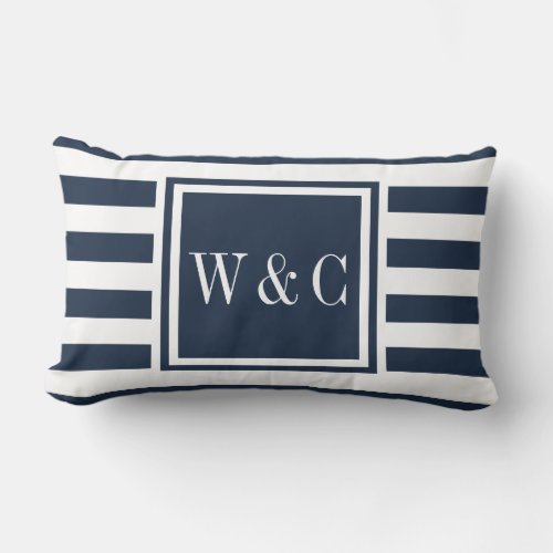 Personalized Monogram Initials Navy Blue Stripe Lumbar Pillow
