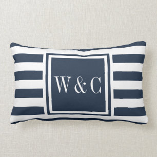 Personalized Monogram Initials Navy Blue Stripe Lumbar Pillow