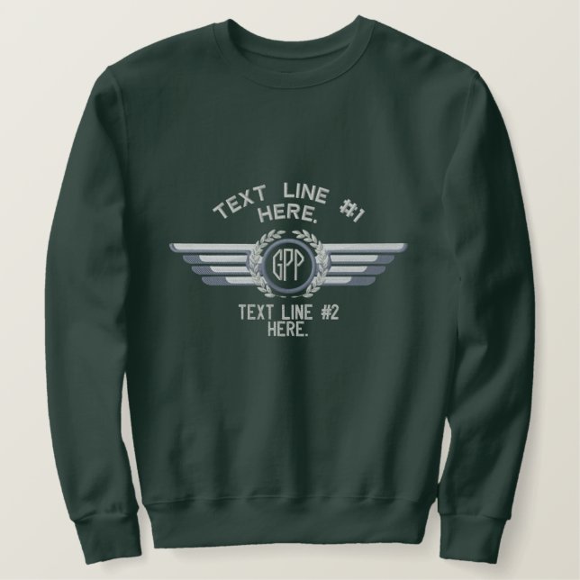 Personalized Monogram Laurels Badge Pilot Wings Embroidered Sweatshirt (Design Front)
