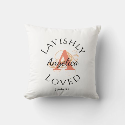 Personalized Monogram LAVISHLY LOVED Peach Throw Pillow