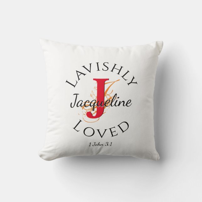 Personalized Monogram LAVISHLY LOVED Red J Throw Pillow (Front)
